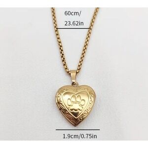 Gold Tone Heart Paw Print Locket Necklace Women Fashion Jewelry 23.62 in